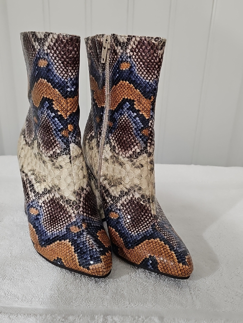 Kaari Blue Snake-Print Ankle Boots in Blue, Brown & Cream